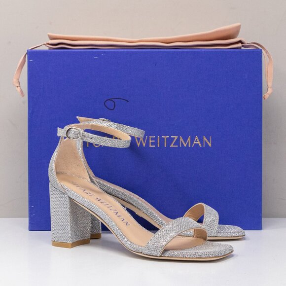 Stuart Weitzman Nudistcurve 75 New Noir Silver Block Heels - Picture 1 of 7